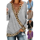 Leisure Women's Tee Top Contrast Trim Leopard Print Wrap Front Long Sleeves Regular Fitted T-Shirt