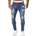 Fancy Men's Jeans Distressed Frayed Zip Fly Side Pocket Low Waist Long Skinny Jeans with Washing Effect