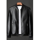 Cool Mens Jacket Leather Long Sleeve Zipper Front Regular Fitted Plain Jacket