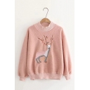 Girls Popular Cute Deer Embroidery Round Neck Long Sleeve Warm Pullover Sweater Sweatshirt