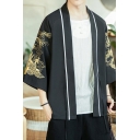 Vintage Men's Coat Dragon Embroidered Open Front Contrast Stitching 3/4 Sleeve Relaxed Fit Coat