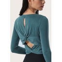 Ladies Simple T Shirt Long Sleeve Crew Neck Twist Back Cut Out Plain Fitted Crop Tee Top