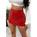 Fancy Women's Skirt Solid Color PU Leather Bright Surface High Rise Mini Skirt