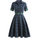 Girls Retro Dress Plaid Printed Roll Up Sleeve Spread Collar Button Up Belted Midi Pleated A-line Shirt Dress in Green