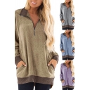 Casual Womens Sweatshirt Contrasted Long Sleeve Stand Collar Zip Up Tunic Relaxed Fit Pullover Sweatshirt