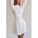 Simple Ladies Dress Solid Long Sleeve Mock Neck Gathered Waist Mini A-line Dress