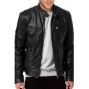 Fancy Men's Jacket Zip Fly Long Sleeves Stand Collar Regular Fitted PU Leather Jacket