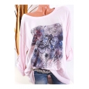 Women's New Trendy Round Neck Long Sleeve Tie-Dye Bicycle Print Loose Fit T-Shirt