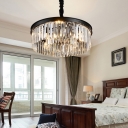 Layered Round Bedroom Ceiling Pendant Simplicity Crystal Rod Black Chandelier Lamp