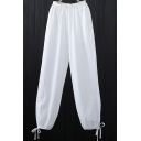 Simple Womens Pants Solid Color Elastic Waist Jacquard Linen and Cotton Tied Cuffs Baggy Pants