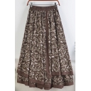 Stylish Women's Skirt Ditsy Floral Pattern Elastic Waist Contrast Trim Layered Long Flowy A-Line Skirt