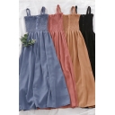 Trendy Women's A-Line Dress Solid Color Stringy Selvedge Embellished Button Decoration Spaghetti Strap Sleeveless Long A-Line Dress