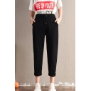 Womens New Trendy High Elastic Waist Single Breasted Up Ankle-Cuff Plain Straight Leg Pants