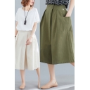 Leisure Women's Pants Solid Color High Rise Pocket Design Pleated Front Cropped Wide Leg Pants