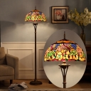 Half-Globe Reading Floor Light Tiffany Stained Glass 1 Head Green Accent Lamp with Dragonfly and Flower Pattern
