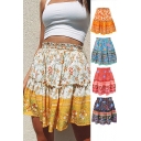 Holiday Womens Skirt Floral Printed Elastic Waist Ruffled Short Pleated A-line Skirt