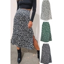 Fashion Womens Skirt Leopard Print High Rise Slit Side Mid A-line Skirt