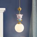 Milky Glass Ball Pendant Light Kids 1-Light Gold Pendulum Light with Sheep Decor