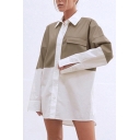 Fashion Womens Shirt Leather Patchwork Long Sleeve Point Collar Button Up Tunic Loose Shirt in Khaki