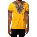 Classic Men's Tee Top Contrast Tribal Panel V Neck Short Sleeves Regular Fitted T-Shirt