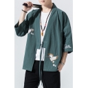 Fancy Men's Coat Crane Embroidered Drawstring Front Half Sleeve Relaxed Fit Coat