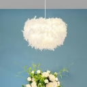Round Feather Pendant Light Kit Simplicity White Hanging Chandelier for Dining Room