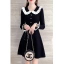 Chic Womens Dress Knitted Stringy Selvedge Long Sleeve Peter Pan Collar Button Up Short A-line Dress in Black