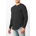 Fashionable Men's Tee Top Solid Color Pleated Detail Round Neck Long Sleeves Regular Fitted T-Shirt