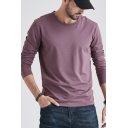 Leisure Men's Tee Top Solid Color Round Neck Long Sleeves Regular Fitted Bottoming T-Shirt