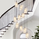 Cylinder Stairs Multi Hanging Light Fixture Beveled Cut K9 Crystal 10-Bulb Modern Pendant Lamp