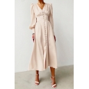 Unique Womens Dress Solid Color Puff Sleeve V-neck Button Up Mid A-line Dress