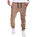 Leisure Men's Pants Solid Color Side Pocket Drawstring Mid Waist Banded Cuffs Long Pants