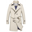 Mens Simple Plain Light Khaki Notched Lapel Double Breasted Waterproof Belted Longline Trench Coat Peacoat