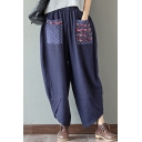 Vintage Women's Pants Embroidered Elastic Waist Cotton and Linen Front Pocket Ankle Length Relaxed Fit Pants