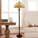 Baroque Bowl Shade Floor Lamp 2-Head Stained Glass Pull-Chain Standing Light in Brown