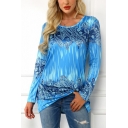 Stylish Women's Tee Top Paisley Print Crew Neck Long Sleeves Regular Fitted T-Shirt