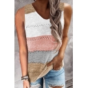 Trendy Women's Knit Vest Contrast Panel Hollow out Round Neck Sleeveless Ribbed Trim Regular Fitted Knit Vest
