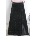 Trendy Women's Skirt Glitter Design Split Hem Elastic Waist Midi A-Line Skirt