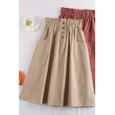 Fancy Women's Skirt Solid Color Front Pocket Button Detail Elastic Ruffle Waist Midi A-Line Dress