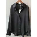 Fancy Women's Shirt Blouse Solid Color Button Fly Spread Collar Satin Long Sleeves Regular Fitted Shirt Blouse