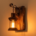 Wrought Iron Wall Light Lantern Single-Bulb Industrial Sconce Fixture with Wood Backplate