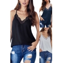 Basic Cami Plain Spaghetti Straps V-neck Lace Trim Relaxed Cami Top for Ladies