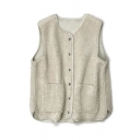 Casual Women Sleeveless Round Neck Button Down Patched Pockets Plain Relaxed Sherpa Fleece Vest