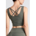 Leisure Women's Tank Top Solid Color Criss Cross Ruched Detail Sleeveless Slim Fitted Cropped Cami Top
