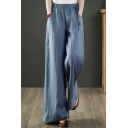 Simple Girls Pants Linen and Cotton Elastic Waist Solid Long Length Wide-leg Pants