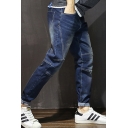 Unique Men's Jeans Contrast Piping Front Pocket Rolled up Hem Ankle Length Tapered Denim Jeans