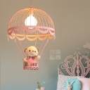 Iron Hot Air Balloon Hanging Light Cartoon 1-Light Ceiling Suspension Lamp with Plush Bear