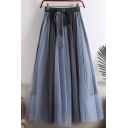 Elegant Women's Skirt Patchwork Mesh-Gauze Drawstring Elastic Waist Contrast Panel Lined Long Flowy Skirt