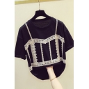 Fancy Women's Tee Top Lace Patchwork Faux Twinset Round Neck Short Sleeves Regular Fitted T-Shirt