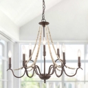 Rust 9-Light Chandelier Country Metal Candlestick Suspension Light with Wood Beading